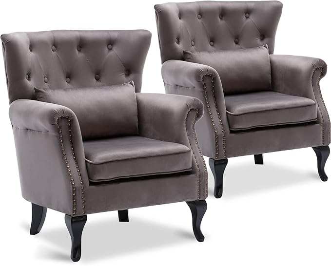 Accent Reading Arm Chairs Set of 2 for Living Room Bedroom Midcentury Modern Comfy Corner Sofa Chair Wingback Waiting Room Club Chair with Button Tufted Back &ampLumbar Pillow Velvet Grey