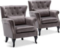 Accent Reading Arm Chairs Set of 2 for Living Room Bedroom Midcentury Modern Comfy Corner Sofa Chair Wingback Waiting Room Club Chair with Button Tufted Back &ampLumbar Pillow Velvet Grey