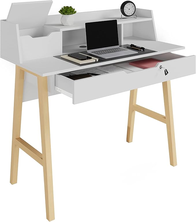 Modern Design Roma Small Desk for Bedroom 40 inch White Writing Desk with Hutch and Locking Drawer by Crafts and Comfort