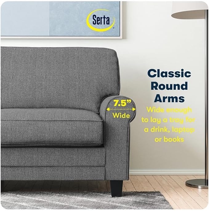BOWERY HILL 61 Rolled Arm Loveseat Sofa Removable Covers Dark Gray Upholstery Compact Space-Saving Design Solid Wood Frame High-Density Foam Cushions Low-Profile Seating for Small Living Room