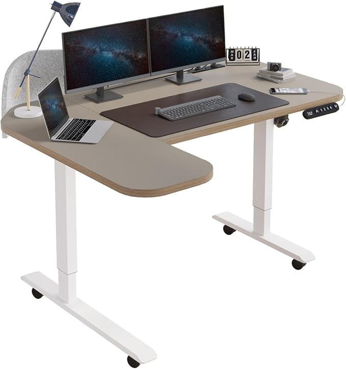 L-Shaped 59 Height Adjustable Electric Standing DeskHeight Stand Up Computer DeskSit and Stand Home Office Desk with Splice Board (Oak Top White Frame)