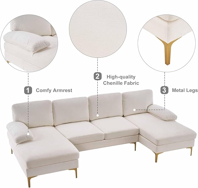 VERYKE Modern U Shape Sectional Sofa Couch 110'' Linen Fabric Sectional Couch Sofa Upholstered Sofa Bed with Metal Legs for Living Room Home Office