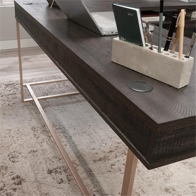 Pemberly Row L-Shaped Engineered Wood Desk Blade Walnut and Champagne Gold Finish 60 in Wide Work Surface Cord Management and Storage Drawers Modern Home Office Desk for Organizing Files