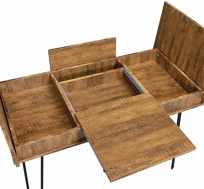 Stonecroft Cabrini Storage Writing Desk 47.25 in Wide Rustic Amber and Black Finish MDF and Metal Construction Built-in Power Outlet 4 Storage Compartments Mid-Century Modern Office Desk