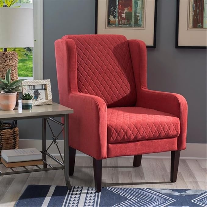 Linon Paulo Upholstered Wingback Accent Chair with Quilted Back &amp Seat in Rust