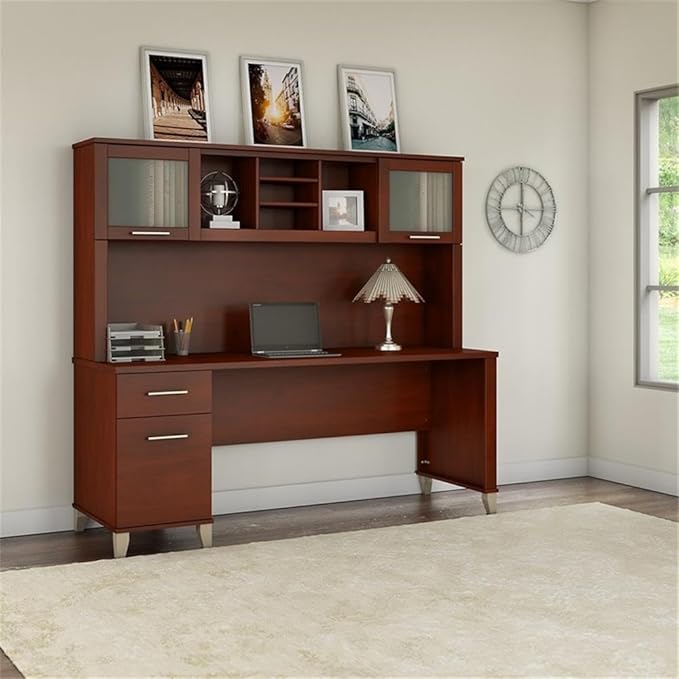 Pemberly Row 72W Office Desk with Hutch Hansen Cherry Finish Engineered Wood Includes File Drawer Frosted Glass Doors Adjustable Shelves Home Office Desk and Storage Solution