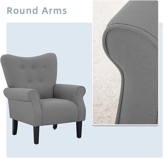 YOLENY Modern Accent ChairHigh Back ArmchairUpholstered Fabric Button Single Sofa with Wooden Legs for Living RoomBedroomClubGrey