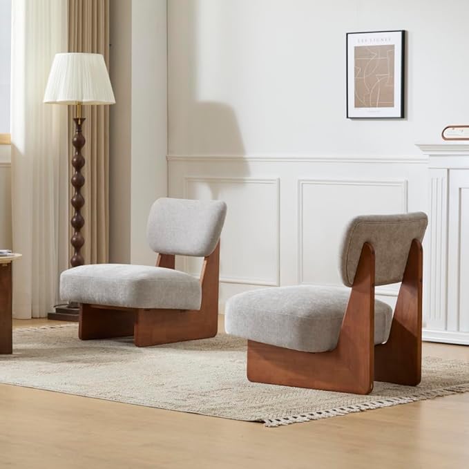 [Set of 2] Modern Beige Lounge Chair with Polyester Upholstery Sturdy Black Wood Base Stylish and Comfortable Accent Seating for Living Room (Gray + Walnut + Polyester + Solid Wood)