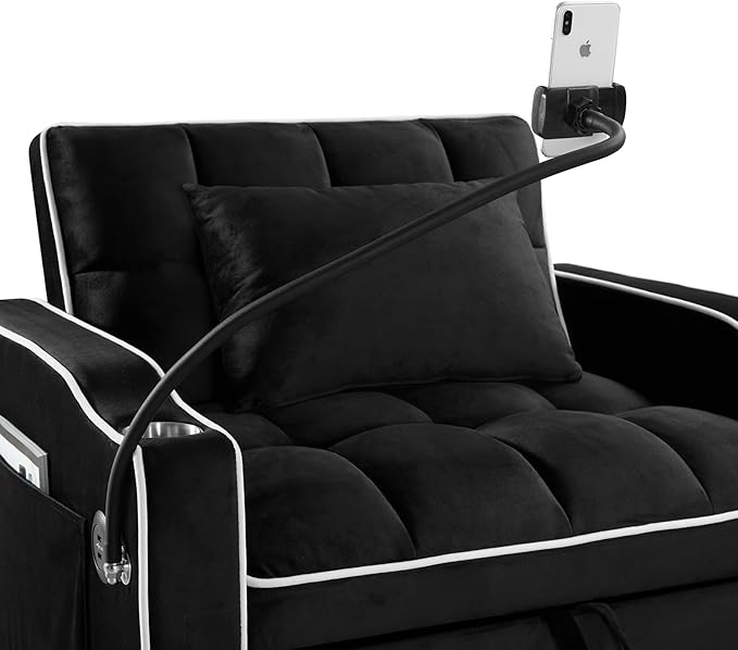 3 in 1 Convertible Sleeper Chair Bed with USB Ports Cup Holder and Phone Stand Velvet Pull Out Futon Sofa Beds Adjustable Backrest Single Sofa Chair for Small Spaces Living Room Office (Black)
