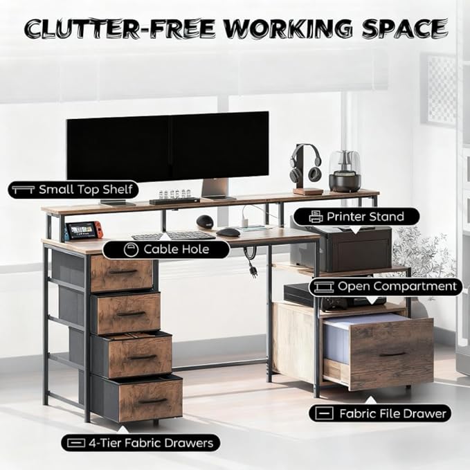 66.9'' Gaming Desk with 4 Fabric Drawers &amp File Cabinet Modern Computer Desk with Power Outlets and LED Lights Home Office Desk PC Desks for Home Office Study (Brown)