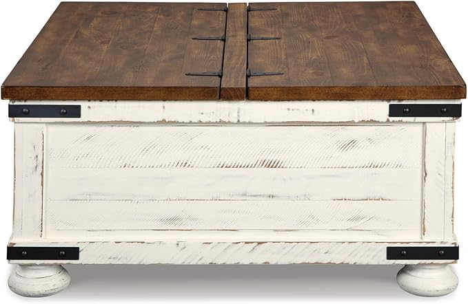 Signature Design by Ashley Wystfield Farmhouse Coffee Table with Storage Hinged Lift Top Wood 36 W x 36 D x 18 H Distressed White