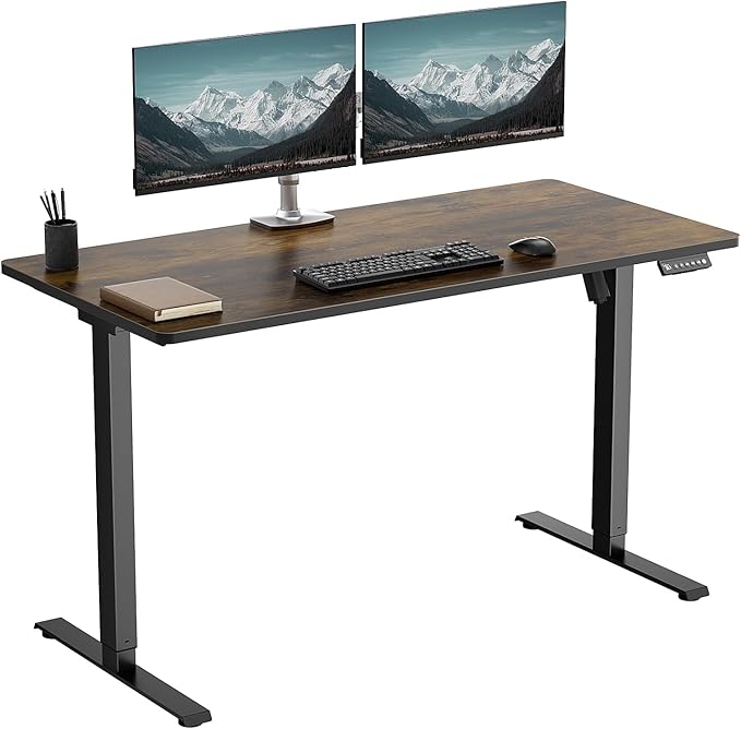 One-Piece Electric Standing Desk 48 x 24 Inch Adjustable Height Sit to Stand Up Desk for Home Office Work &amp Study Black Frame &amp Brown Desktop (2 Packages)