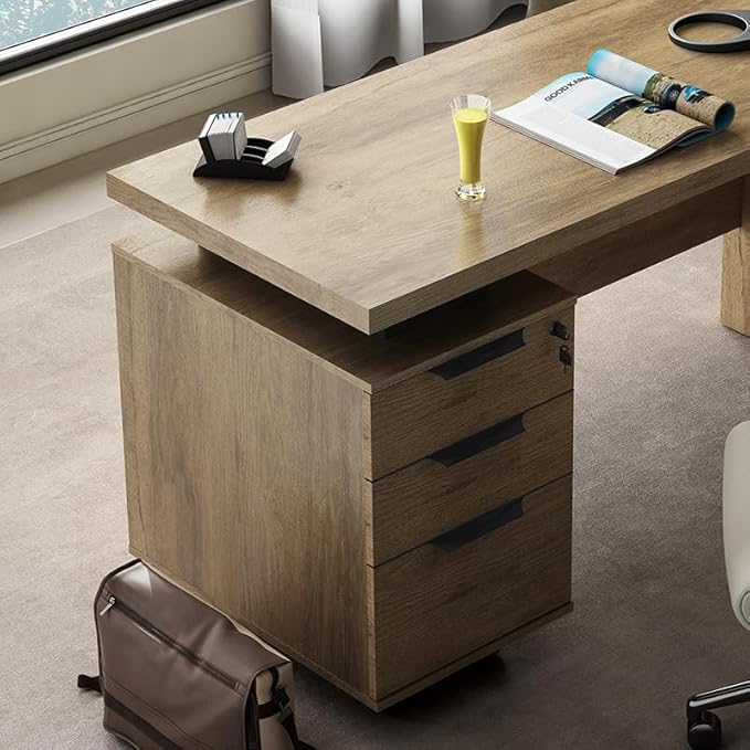 Modern Wooden Executive Desk with File Cabinet Sleek Office Standing Desk for Home and Business Home Office Table with 3 Drawers Walnut