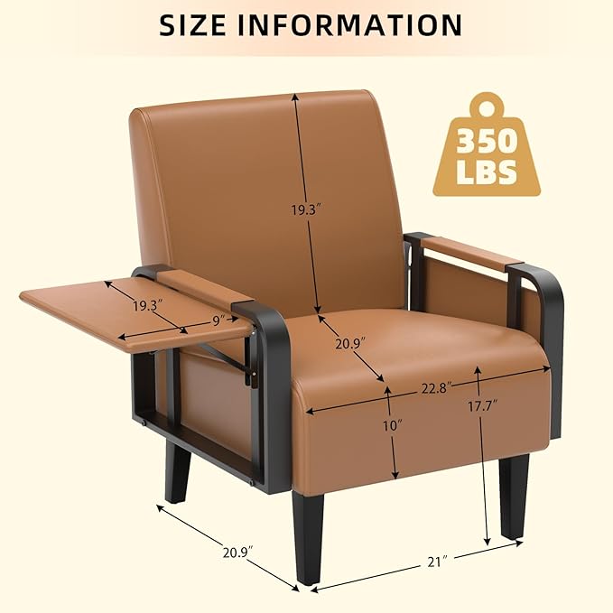 Modern Accent Chair Mid Century Living Room Armchair with Side Table &amp Wood LegsUpholstered Faux Leather Sofa Side Chairs for Reading OfficeBedroom(Brown)