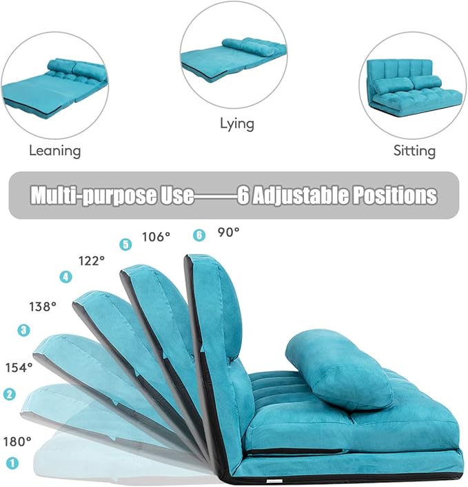 S AFSTAR Safstar Floor Folding Couch and Futon Sofa 6-Position Fabric Sleeper Sofa Bed with 2 Pillows and Sponge Filling Adjustable Lazy Sofa for Living Room and Bedroom (Blue)