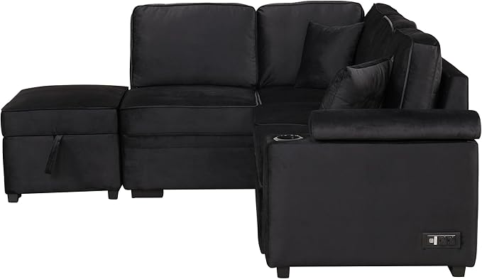 LUMISOL 87 Convertible Sofa Bed with Storage Ottoman L-Shaped Sectional Sofa with Cup Holder &amp USB Ports Pull Out Sleeper Sofa Couch with Chaise for Living Room Small Apartment Black