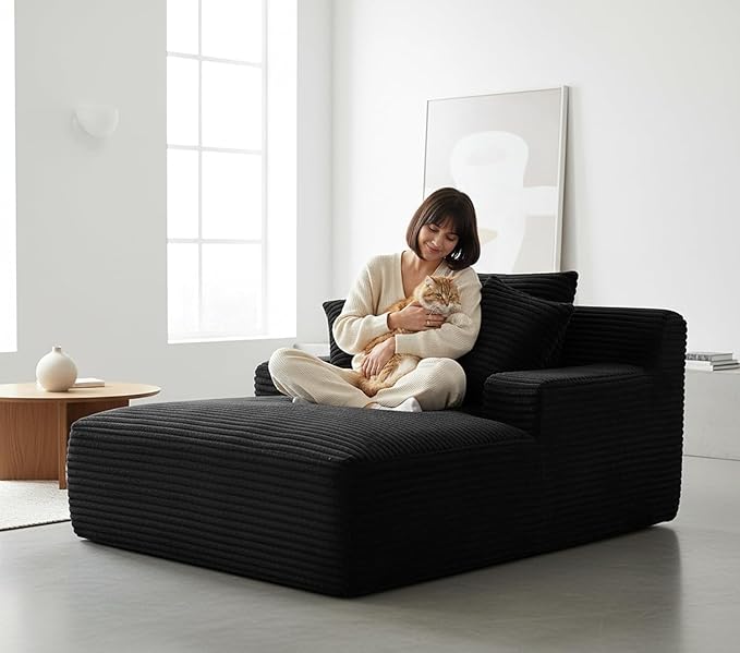 Container Furniture Chamden Oversized Chaise Lounge Chair Modern Corduroy Sofa Bed with Full Foam Cushioning Cozy Convertible Sleeper for Living Room or Bedroom Black