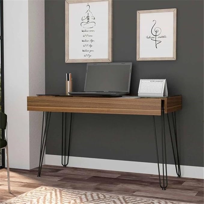 Atlin Designs Modern Wood Desk 47.2 W x 19.6 D Glass Top Mahogany Finish Abstract Steel Legs Industrial Style Spacious Drawer Home Office Desk for Small Spaces or Versatile Use