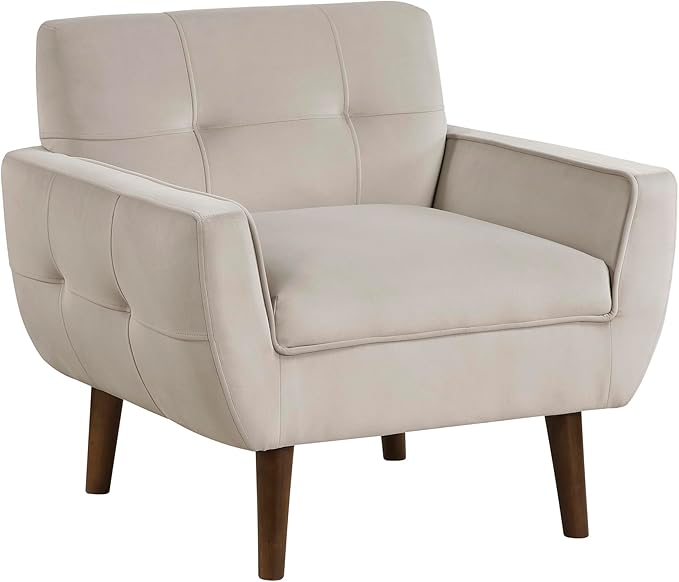 Lexicon Mid Century Modern Accent Chair with Dark Brown Solid Wood Leg Velvet Upholstered Living Room Chair Lounge Arm Chair Tufted Detail Single Sofa Chair Comfortable Reading Chair Brown