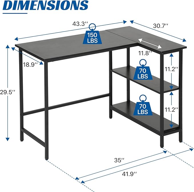 43Inch L Shaped Desk Computer Desk with Reversible Storage Shelves Corner Desk Gaming Desk Home Office Desk Study Desk Writing Table for Home Office Small Space (43 Inch)