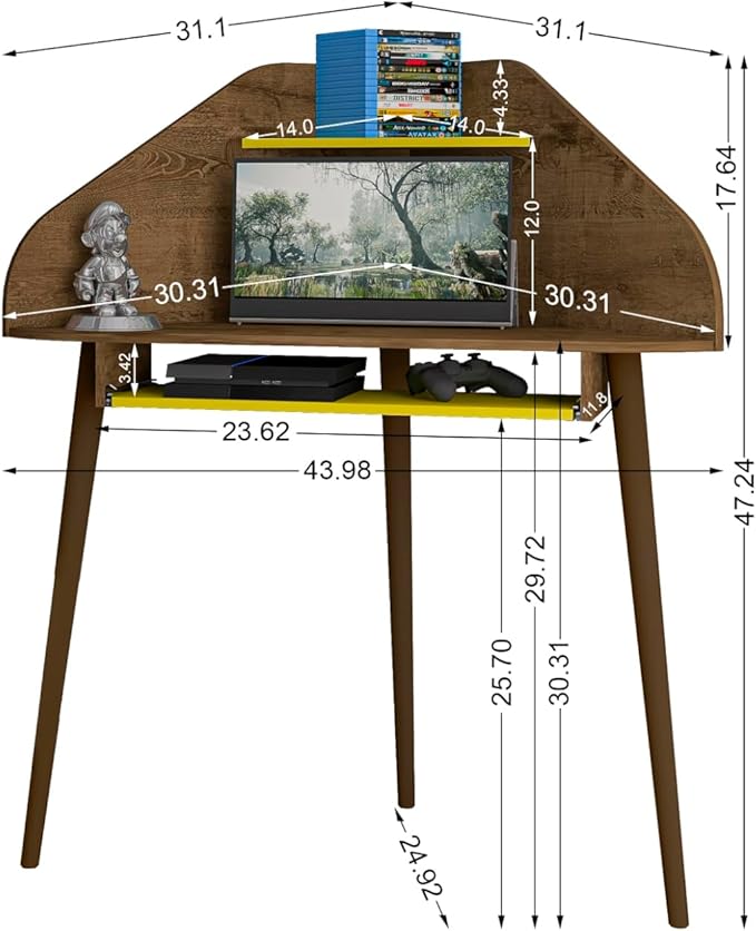 Manhattan Comfort Bradley Corner Floating Desk with Shelves &amp Gliding Keyboard Drawers Wall Mounted Table for Small Spaces Home Office and Bedroom Mid Century Modern Design Rustic Brown/Yellow