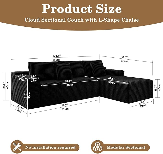104 Black Boneless Couch with Chaise Sectional Couches for Living Room L Shaped Couch 4 Seat SofaCompression Sofa for Bedroom Comfy No Assembly Corduroy (Black Right)