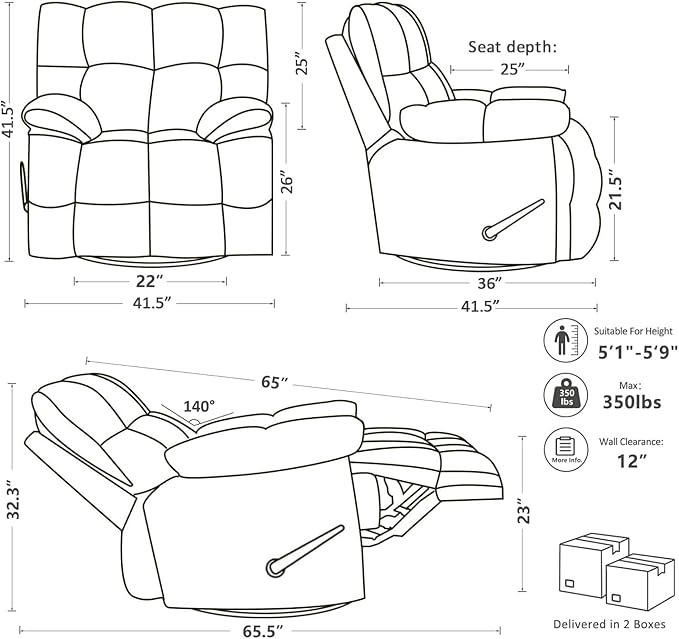 Oversized Recliner Chair Overstuffed Swivel Rocker with Extra Wide Seat &amp Breathable Fabric for Living Room (Manual Brown)