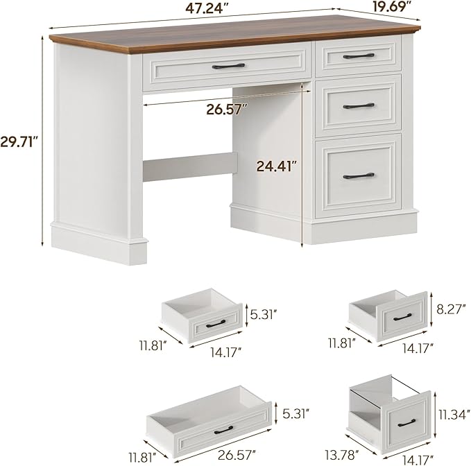 Farmhouse 47 Executive Desk with 4 Drawers Computer Desk with File Drawer Workstation for Study Home Office Writing Unique White.