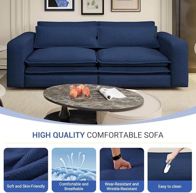 93King Size Pull Out Sofa Bed 3-in-1 Teddy Convertible Sleeper Sofa with Ultra Wide Armrests Tufted Modern Sofa with 2 Lumbar Pillows for Bedroom Living Room Apartment (Blue 93inch)