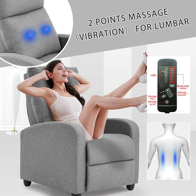 BestMassage | Recliner Chair | with 2 Point Massage Function | Textile Grey | with Lumbar Support Adjustable Push Back Footrest &amp Padded Seat | Easy Assembly | for Living Room Home Theatre