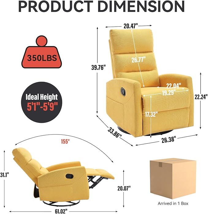 Swivel Rocking Recliner Chair Upholstered Glider Rocker with Adjustable Backrest and Footrest Modern Rocking Chair for Adults with 2 Pockets for Nursery Lounge Bedroom Living Room (Yellow)