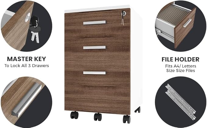 Modern Design Lazio File Cabinet Filing Cabinets for Home Office Drawers for Under Desk Locking 3 Drawer Rolling Filing Cabinet with Lock Walnut and White by Crafts and Comfort
