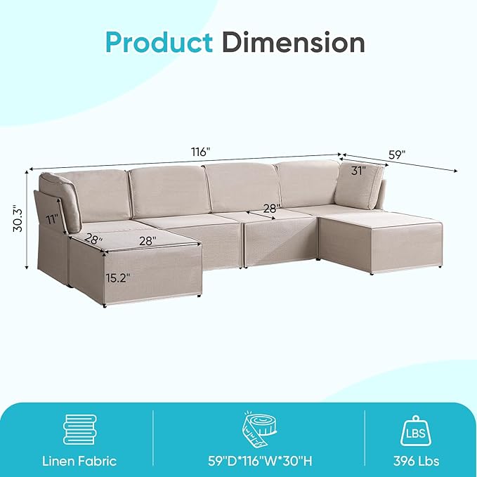 CECER Modular Sectional Sofa U Shaped Convertible Couch Sofa with Reversible Chaises Queen Sleeper Sofa Modular Oversized Sofa Couches for Living Room (Beige)