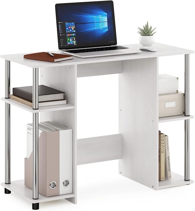 Compact Computer Desk - Study Writing Table for Small Spaces - Modern Home Office Desk White Oak/Stainless Steel