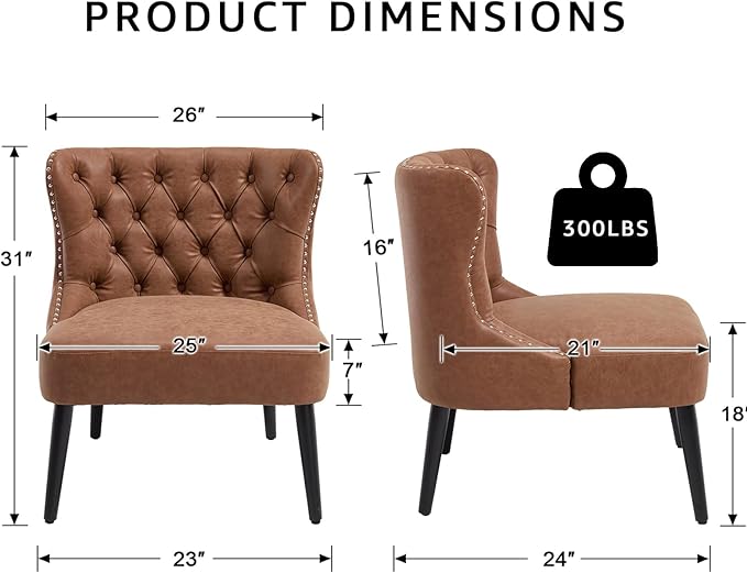 Kmax Accent Chairs Set of 2 Leather Slipper Chairs with Button Tufted Wingback Armless Living Room Chairs with Nails Modern Side Chairs for Bedroom Reception Small Space - Pu Brown Black Legs