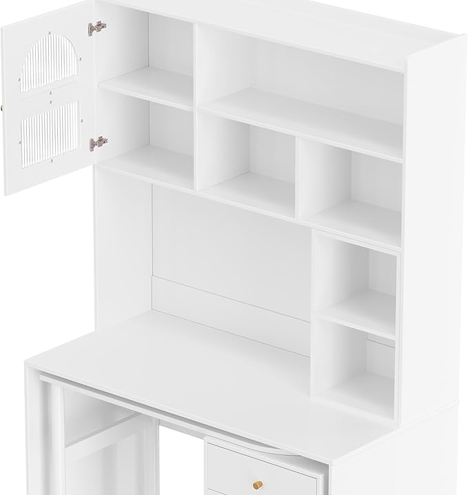 Computer Desk with 90 Degree Rotating Desktop and Bookshelf Office Desk with Drawer and Cabinets Gaming Desk with Shelves Writing Desk for Home Office Bedroom Living Room (White-5.9)