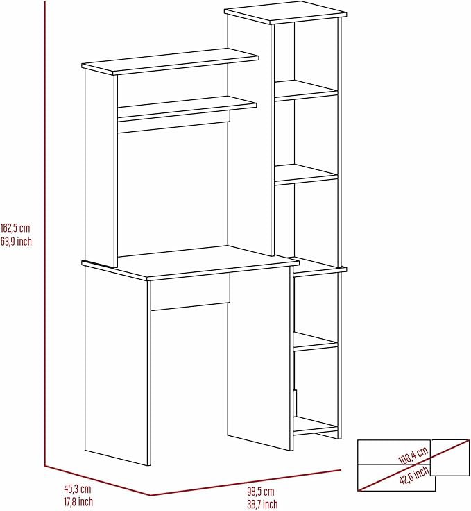 White 6-Shelf Writing Work Study Desk with Built-in Bookcase Home Office Furniture for Study and Home Office White Finish
