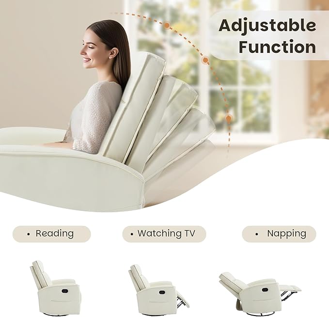 CANMOV Rocker Recliner Chair360°Swivel Nursery Glider ReclinerManual Recliner Sofa with Padded Armrest and BackrestLeather Recliner for Small SpacesLiving RoomBedroom (White)