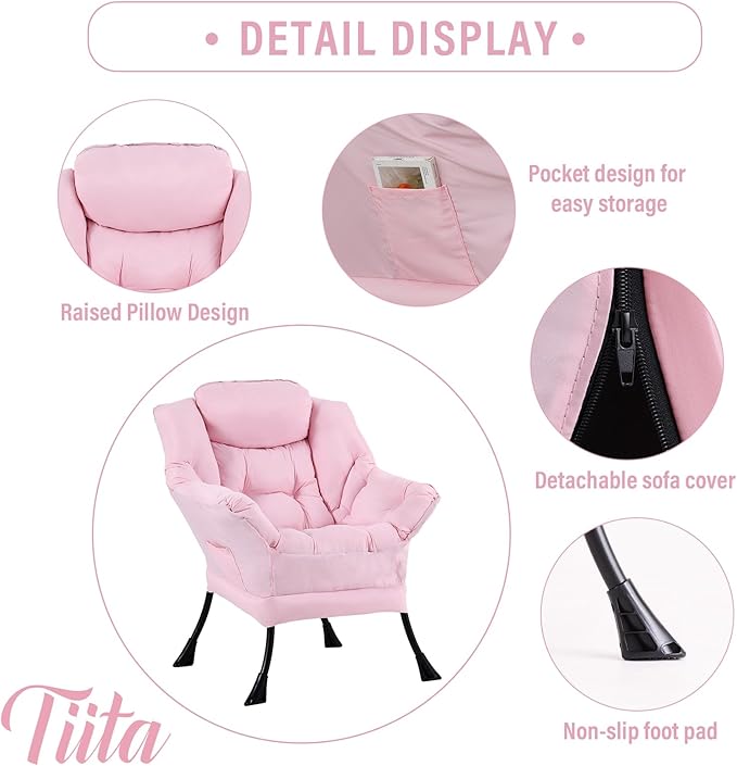 Tiita Lazy Chair with Ottoman Pink Modern Large Accent Chair Comfy Leisure Sofa Armchair with Ottoman Reading Chair with Footrest for Bedroom Living Room Dorm Rooms Pink