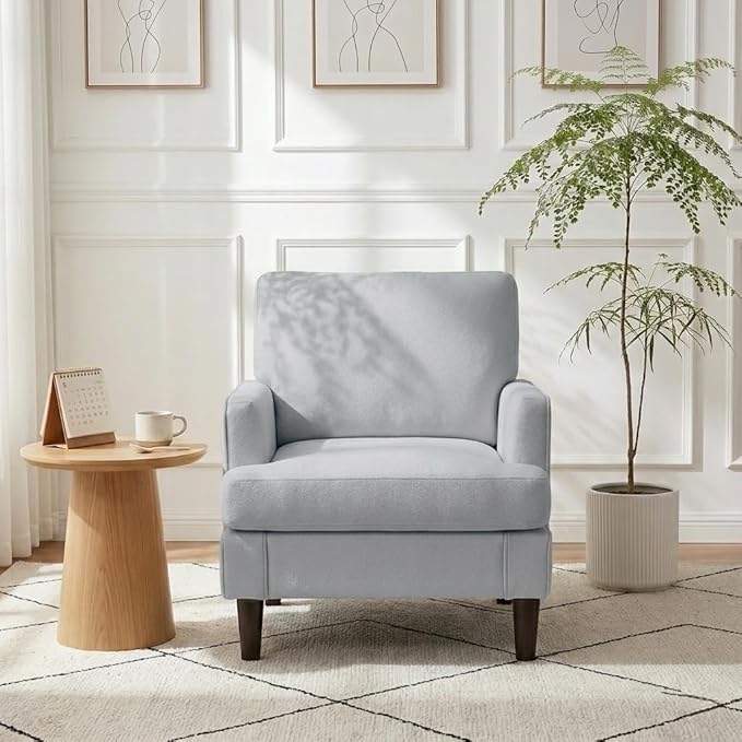 Kromax Accent Chair for Living Room No Screws Assembly Required Mid-Century Reading Chair for Bedroom Comfy Upholstered Armchair with Sturdy Legs Single Sofa Chair for Apartment Grey