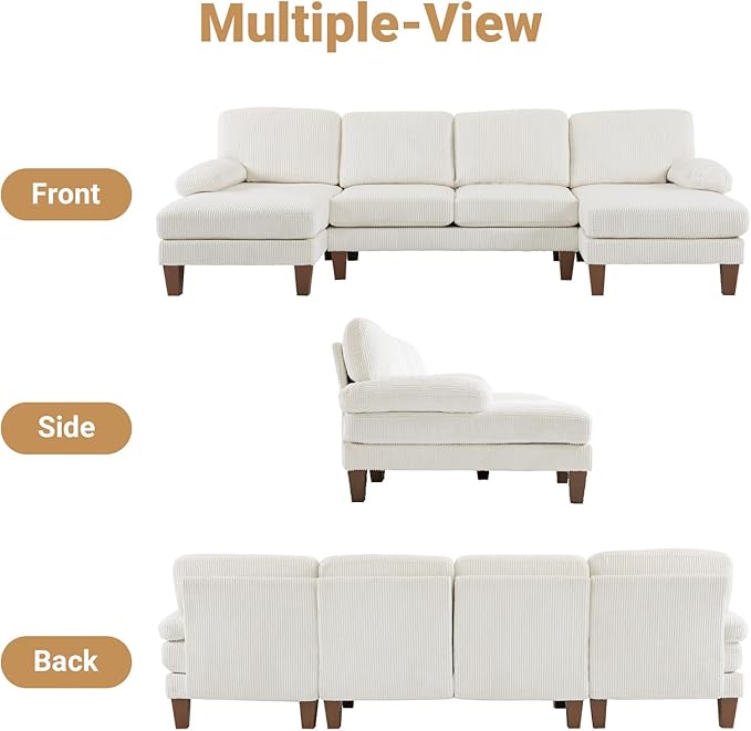 VINGLI 110' U Shaped Comfy Sectional Couch Double Chaise Sofa in Corduroy Fabric for Apartment 4-Seater Upholstered Couch with Memory Foam Modern Couches for Living Room Small Space Beige