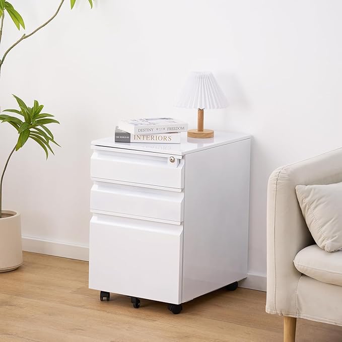 3 Drawer File Cabinet with 4 Wheels Capacity 120 Lb Locking File Cabinet- for A4 Letter-Head Legal-Size Folders - for Office&ampStudy White