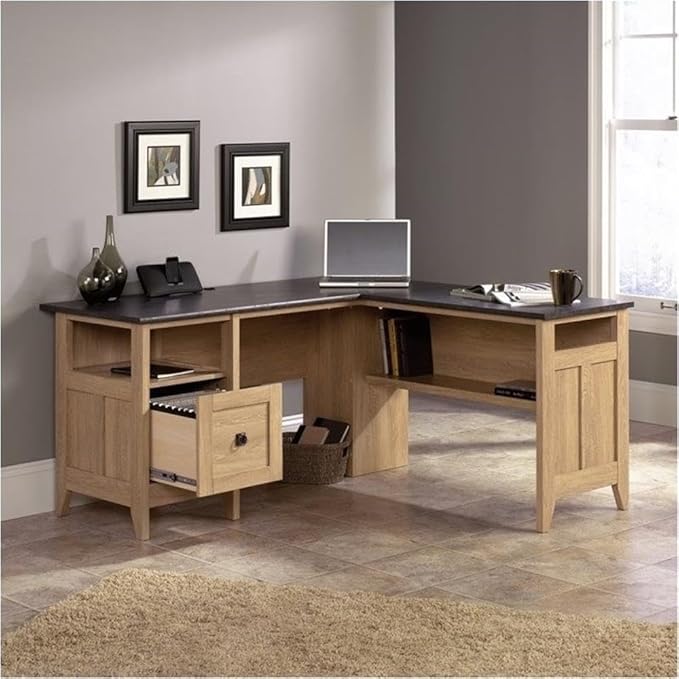 BOWERY HILL Transitional L-Shaped Desk Manufactured Wood Dover Oak and Slate Finish 59 W x 58.75 D x 29.25 H Home Office Desk with File Drawer Cable Management Lower Storage Shelf