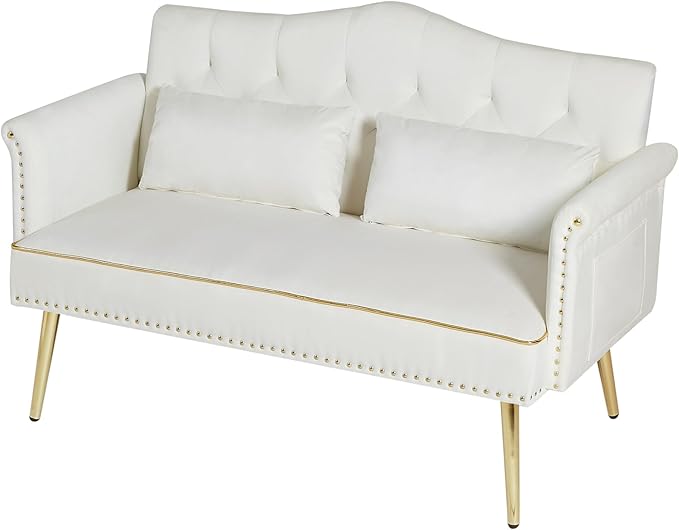 55-Inch Modern Velvet Loveseat Sofa with Gold Metal Legs &amp Side Pockets Tufted Backrest Perfect for Living Room Bedroom or Office (Modern Beige)