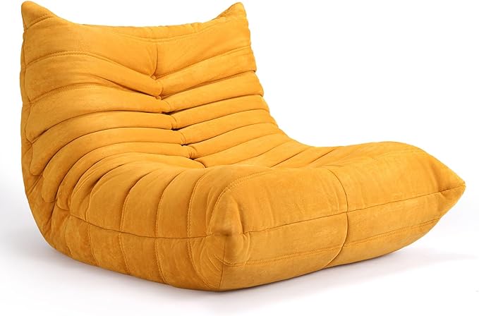 High-end Togo Bean Bag Chair Fireside Chair with Yellow Suede Fabric Cover Comfy &amp Soft Lazy Floor Lounge Sofa for Bedroom Living Room Office or Salon