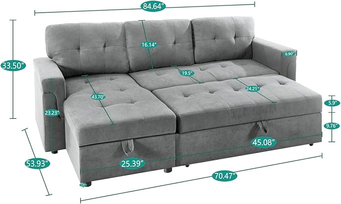 Naomi Home Laura Reversible Sleeper Sectional Sofa Storage Chaise Gray/Velvet