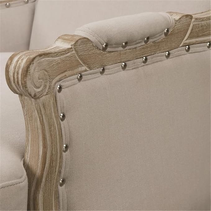 Pemberly Row Modern Wood Accent Chair Cream Upholstery Distressed Wooden Frame Taupe Finish Nail Head Trim Foam Cushions Cabriole Feet Living Room Furniture Indoor Seating