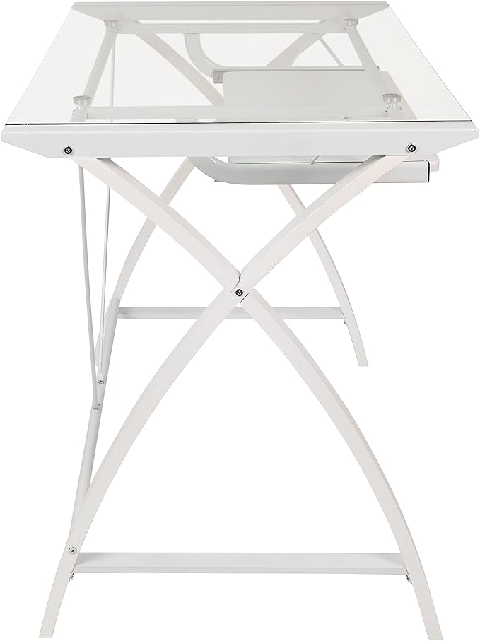 Flash Furniture Jude Clear Tempered Glass Computer Desk with White Pull-Out Keyboard Tray and White Crisscross Frame