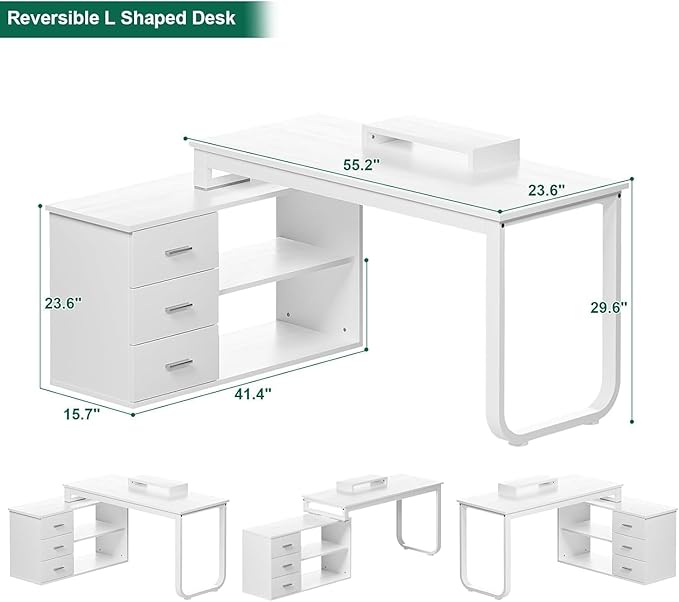 55 Inch White Desk with 3 Drawers L Shaped Desk with Storage Corner Desk with Monitor Stand and Shelves White