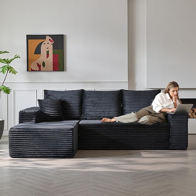107.5 Sectional Couch Sofa Modular Cloud Couch with Pillows Corduroy L-Shape Sectional Couches for Living Room Apartment Office No Assembly Required (Black Left Facing Chaise+2 Seaters)